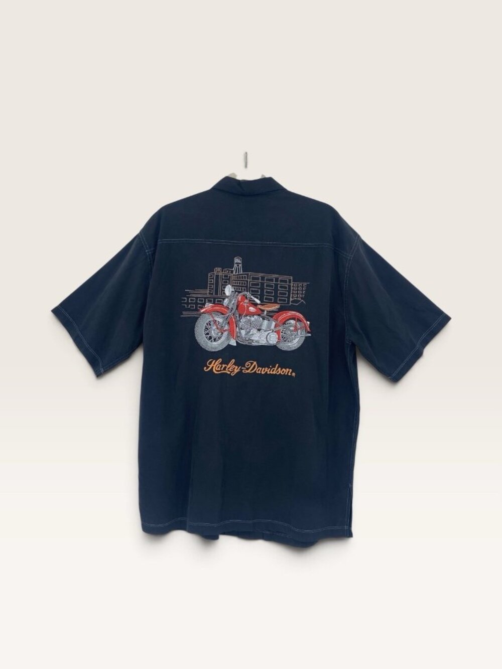 Harley-Davidson Size L Black Button-Up Silk Blend Embroidered Short Sleeve Shirt
